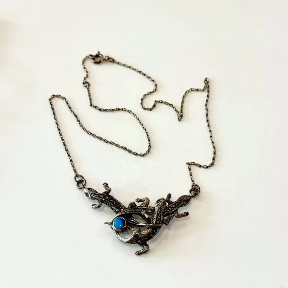 Vintage three lizard marked 925 silver necklace